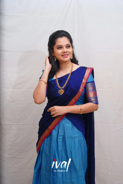 Padmaja - Sky Blue And Dark Cotton Halfsaree Half Sarees