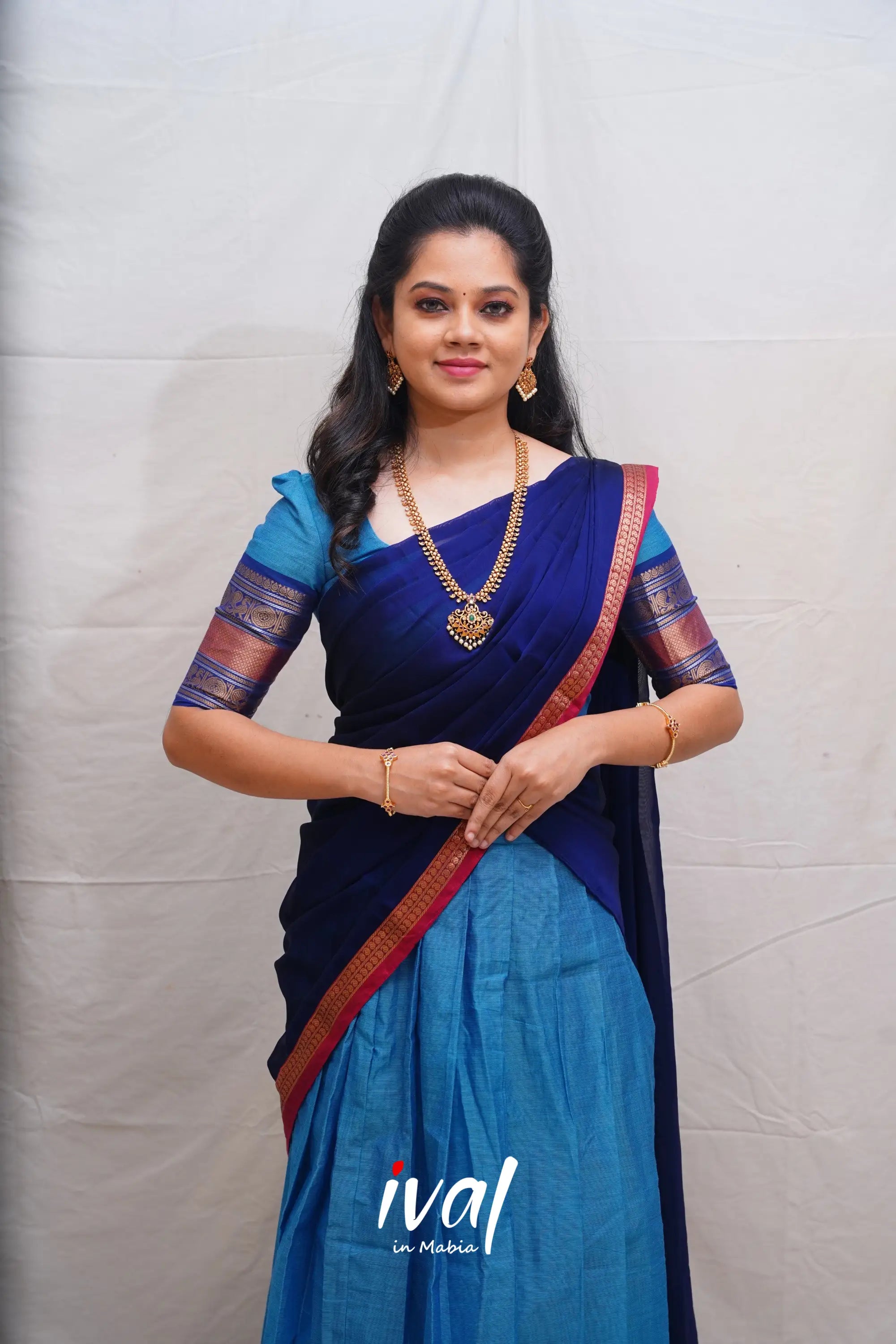 Padmaja - Sky Blue And Dark Cotton Halfsaree Half Sarees