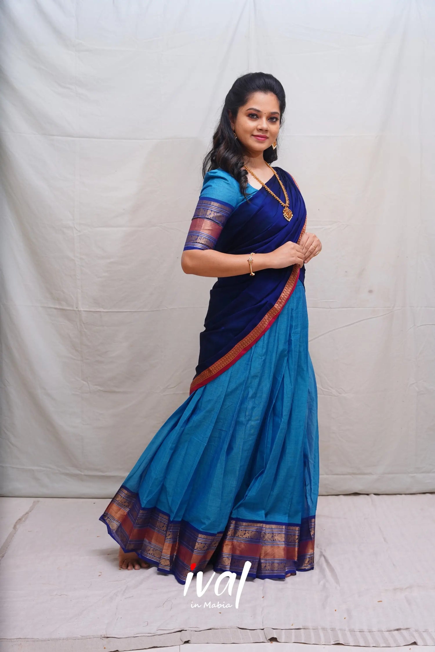 Padmaja - Sky Blue And Dark Cotton Halfsaree Half Sarees