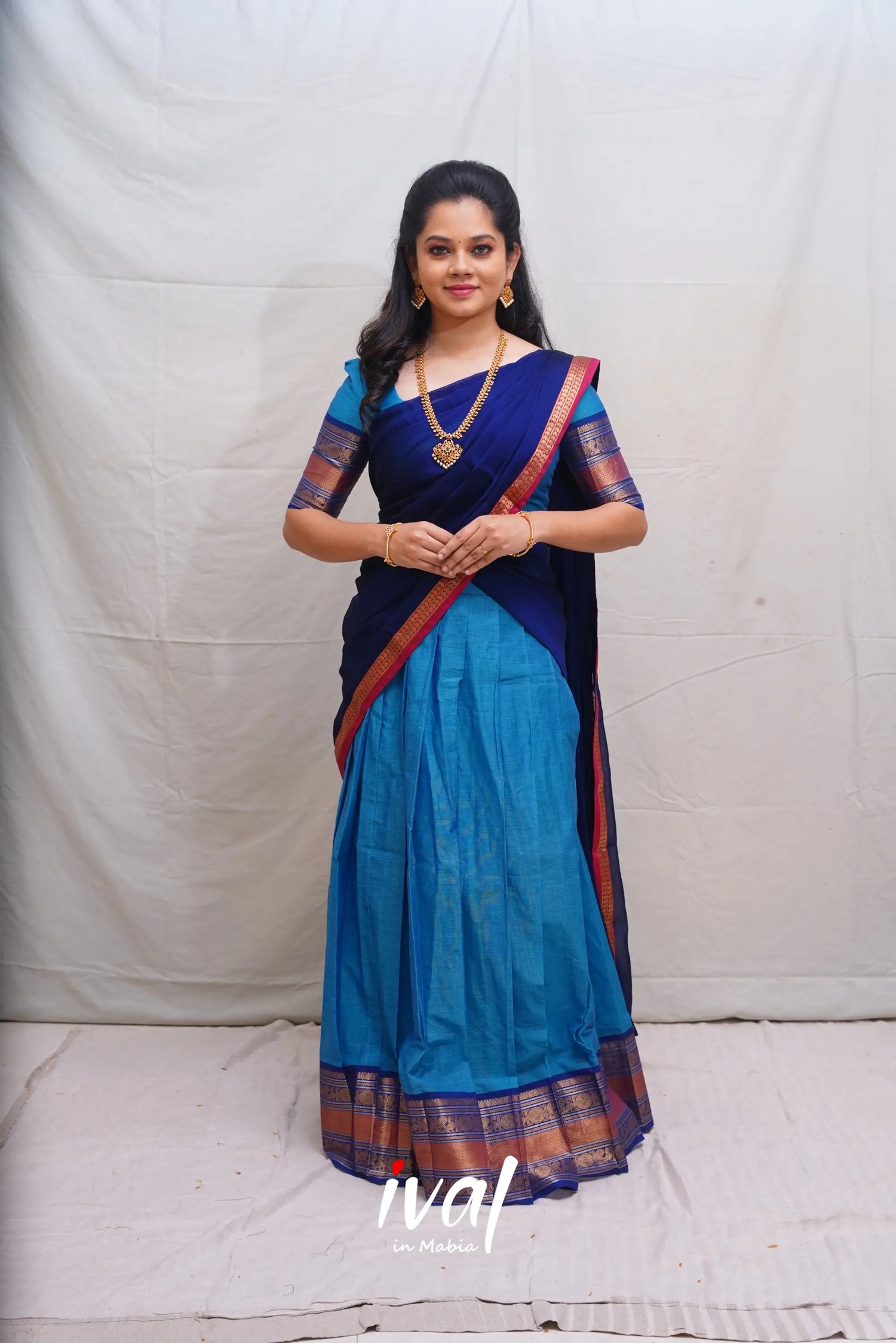 Padmaja - Sky Blue And Dark Cotton Halfsaree Half Sarees