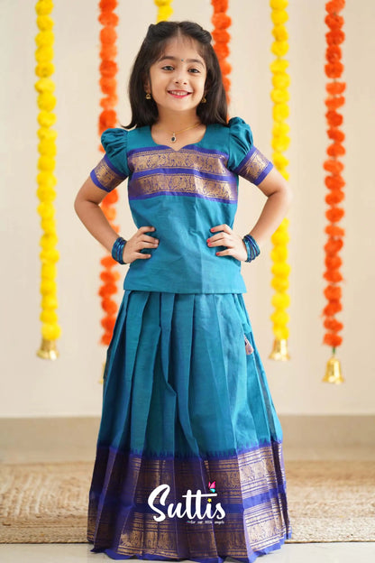 Padmaja - Sky Blue And Ink Handloom Cotton Pavadai Sattai Kids-Suttis