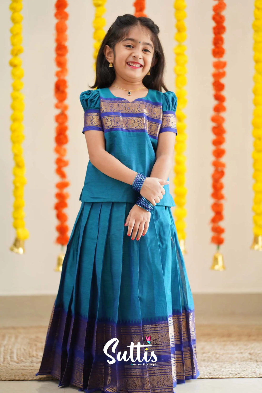 Padmaja - Sky Blue And Ink Handloom Cotton Pavadai Sattai Kids-Suttis