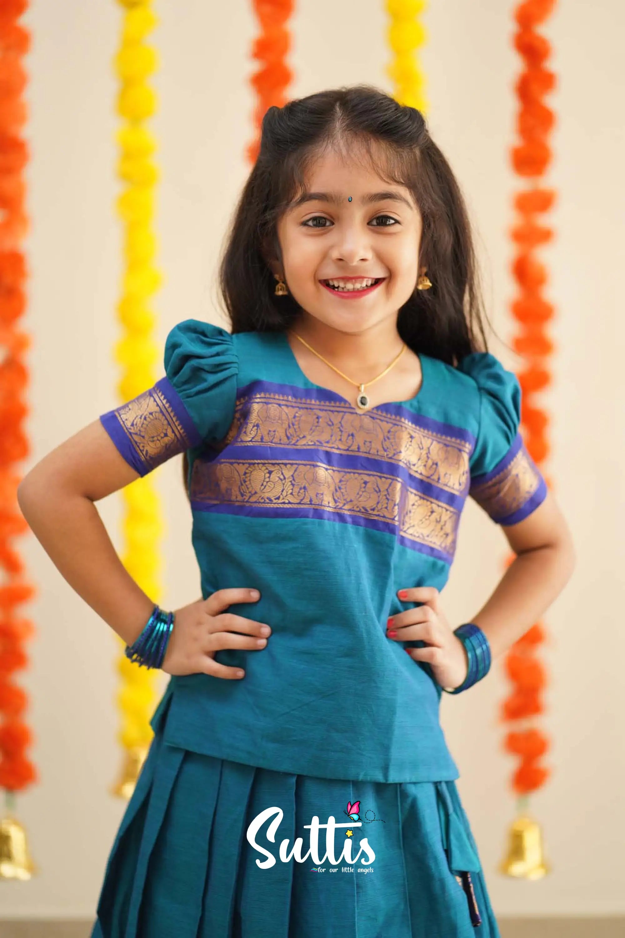 Padmaja - Sky Blue And Ink Handloom Cotton Pavadai Sattai Kids-Suttis