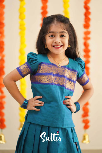 Padmaja - Sky Blue And Ink Handloom Cotton Pavadai Sattai Kids-Suttis