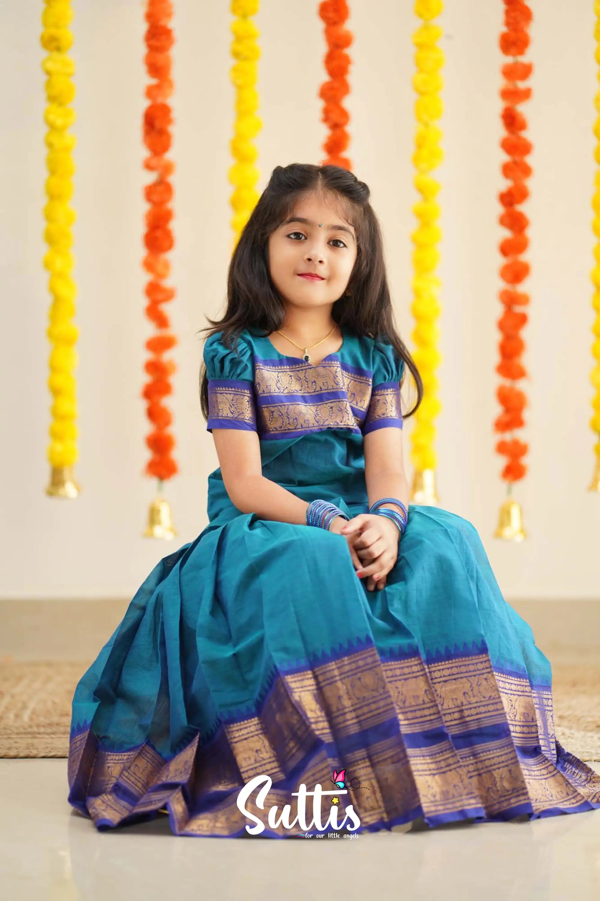 Padmaja - Sky Blue And Ink Handloom Cotton Pavadai Sattai Kids-Suttis