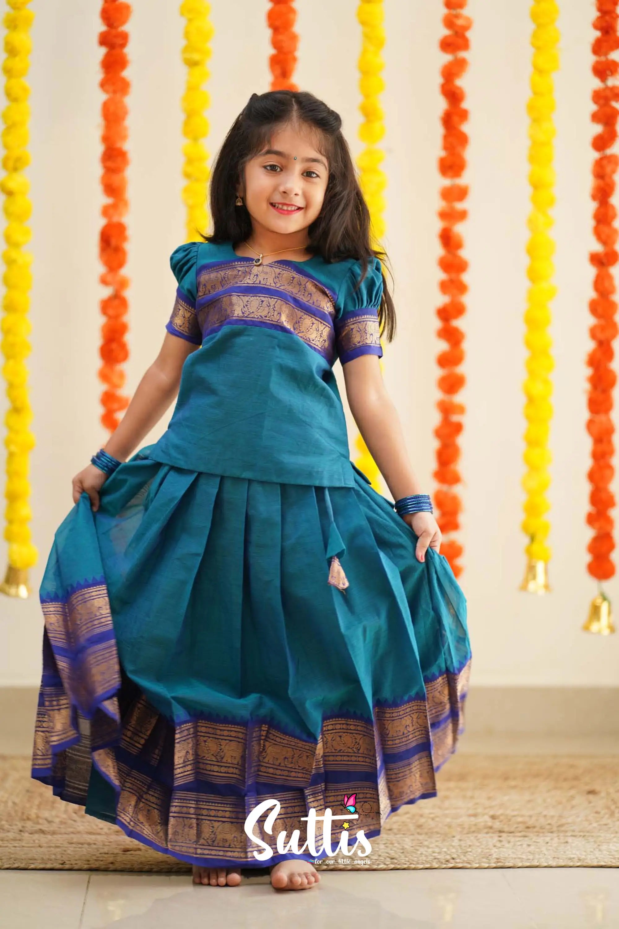 Padmaja - Sky Blue And Ink Handloom Cotton Pavadai Sattai Kids-Suttis