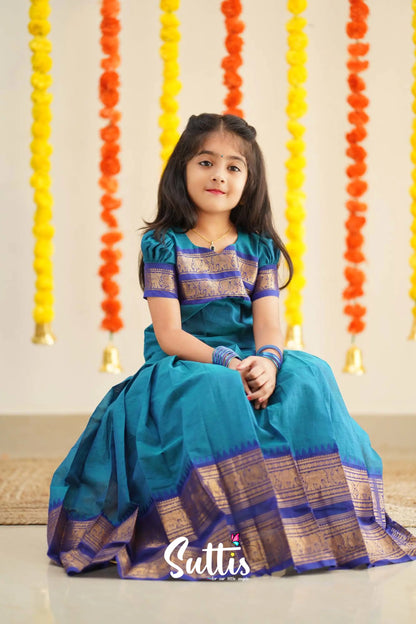 Padmaja - Sky Blue And Ink Handloom Cotton Pavadai Sattai Kids-Suttis