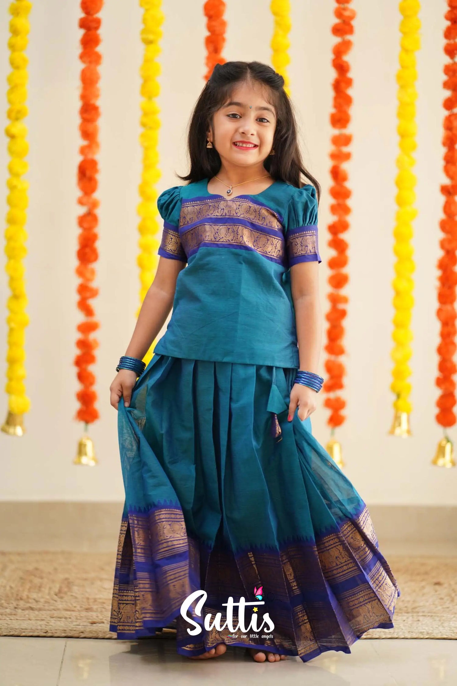 Padmaja - Sky Blue And Ink Handloom Cotton Pavadai Sattai Kids-Suttis