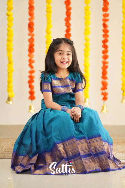 Padmaja - Sky Blue And Ink Handloom Cotton Pavadai Sattai Kids-Suttis