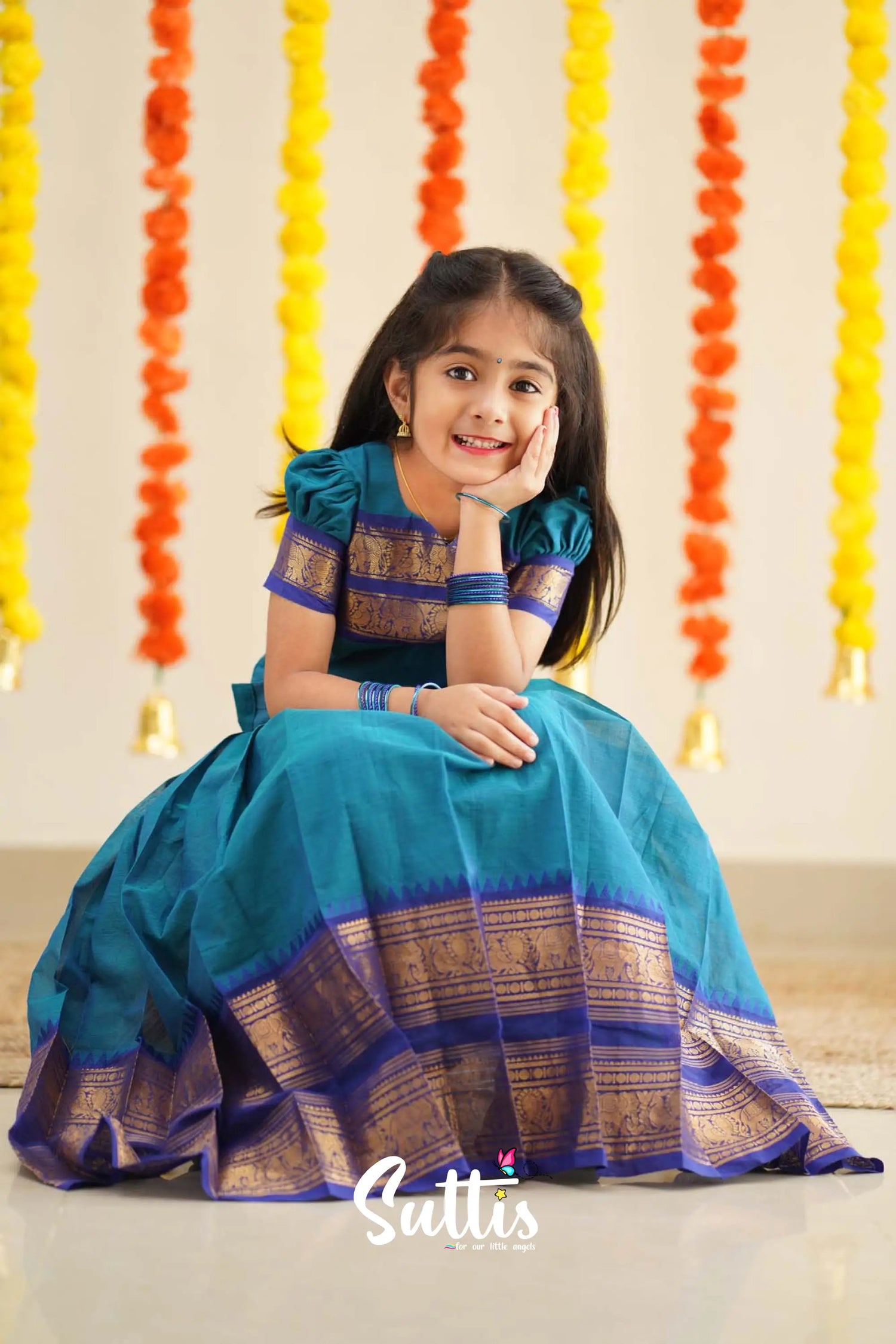 Padmaja - Sky Blue And Ink Handloom Cotton Pavadai Sattai Kids-Suttis