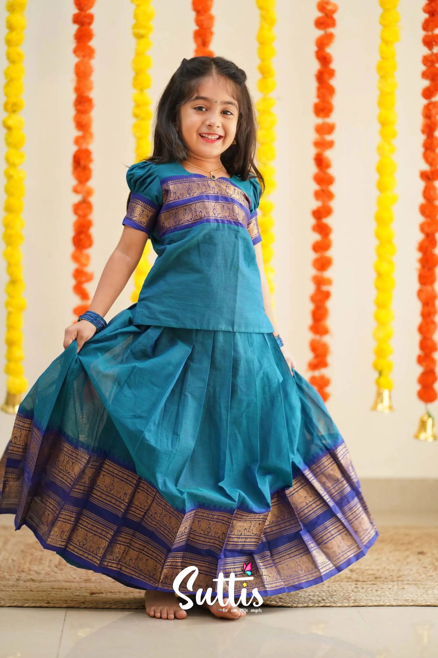 Padmaja - Sky Blue And Ink Handloom Cotton Pavadai Sattai Kids-Suttis