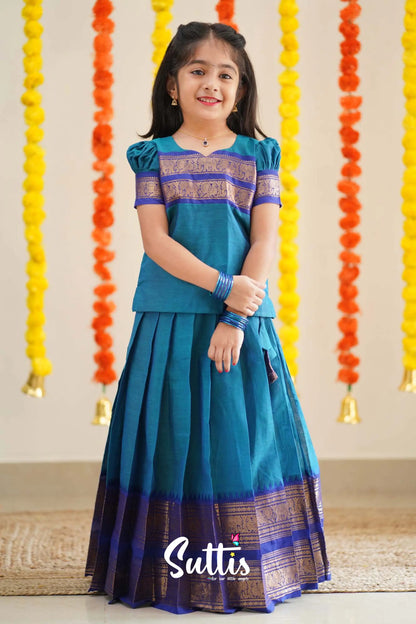 Padmaja - Sky Blue And Ink Handloom Cotton Pavadai Sattai Kids-Suttis