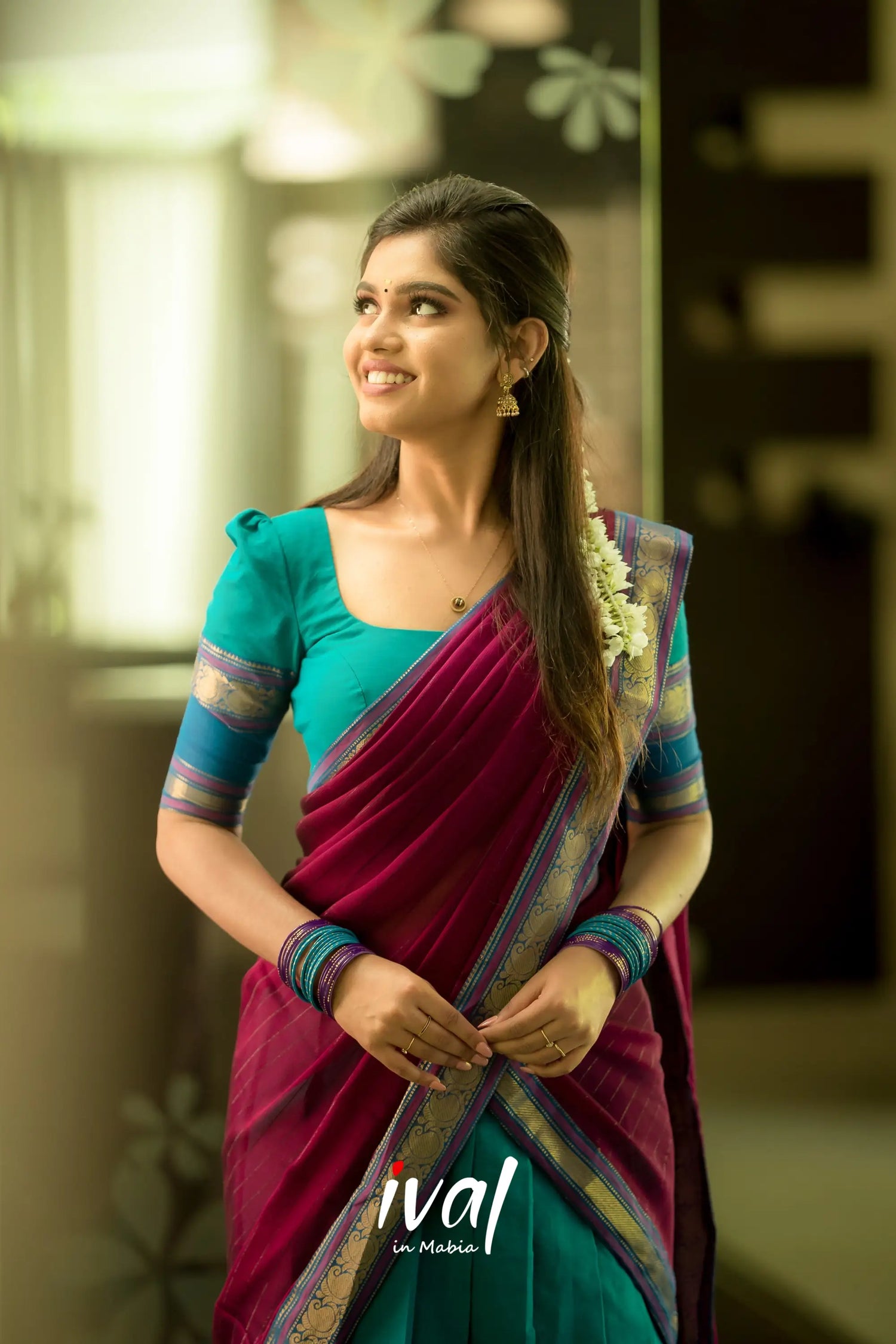 Padmaja - Teal And Dark Magenta Cotton Halfsaree Half Sarees