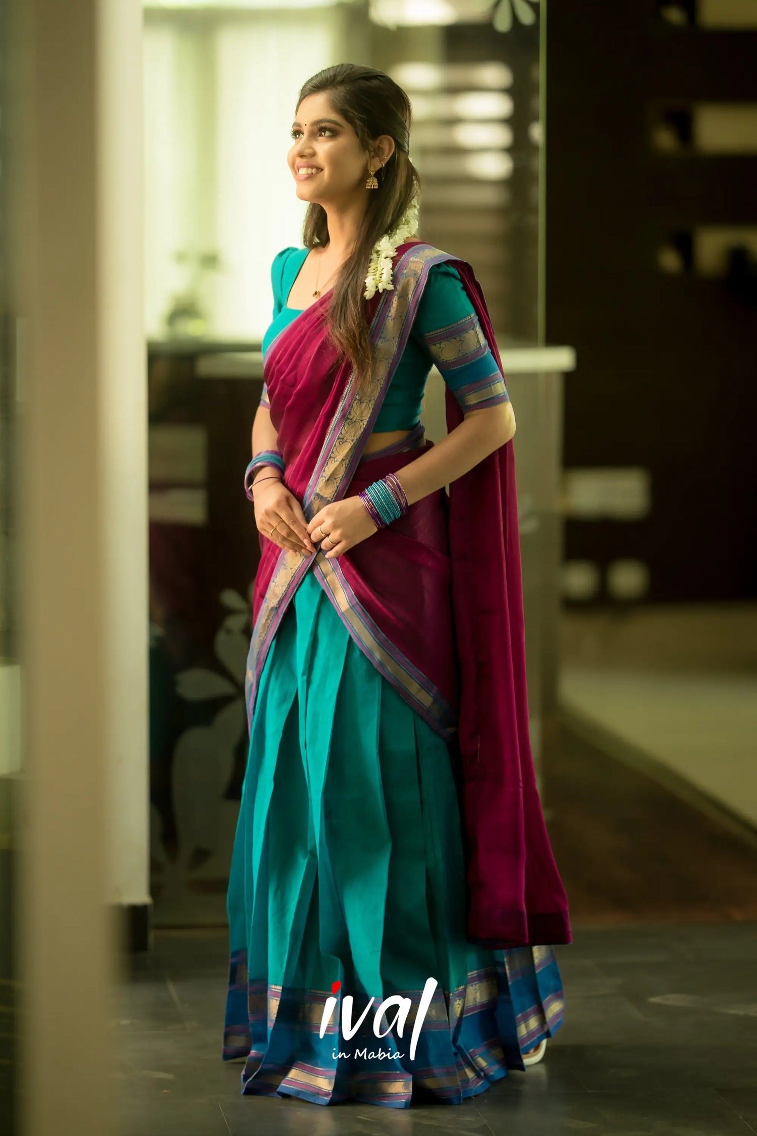 Padmaja - Teal And Dark Magenta Cotton Halfsaree Half Sarees