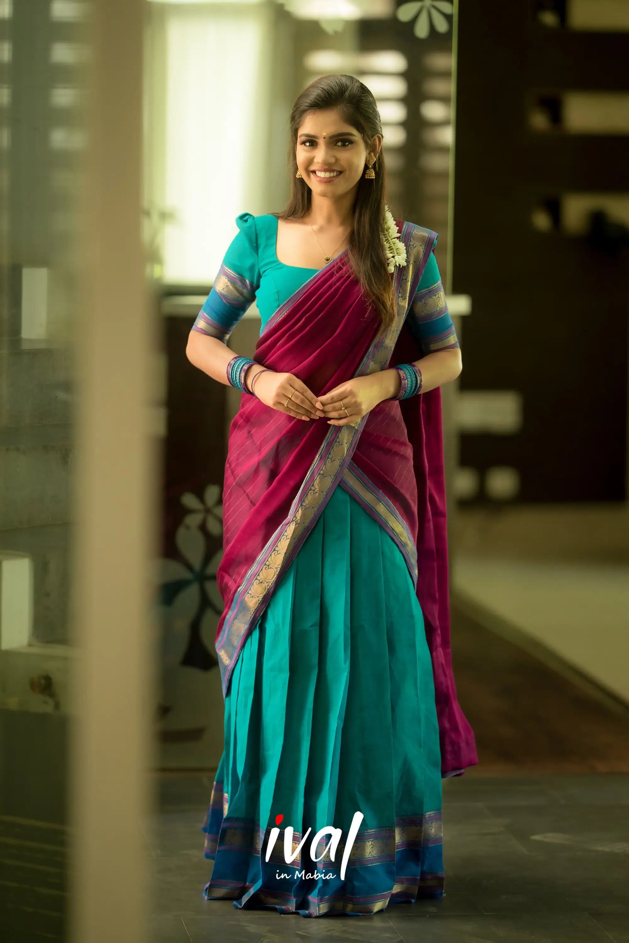 Padmaja - Teal And Dark Magenta Cotton Halfsaree Half Sarees