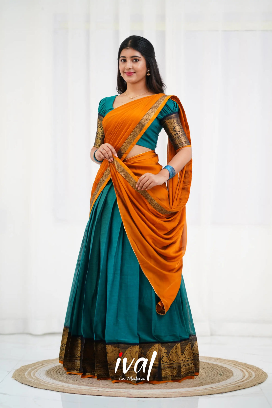 Padmaja - Teal Blue And Mustard Cotton Halfsaree Half Sarees