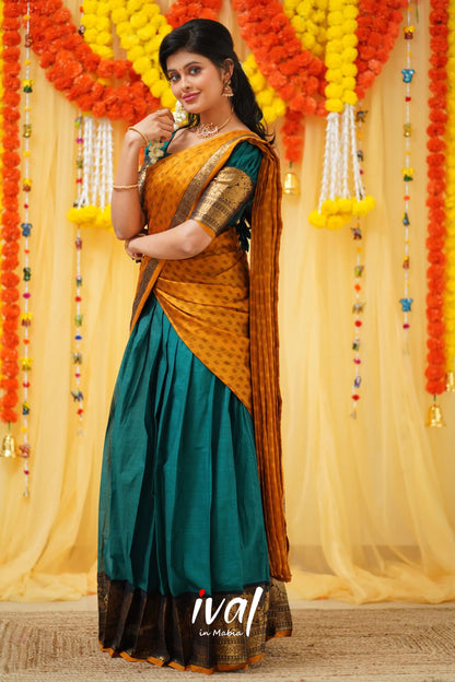 Padmaja - Teal Blue And Mustard Cotton Halfsaree Half Sarees