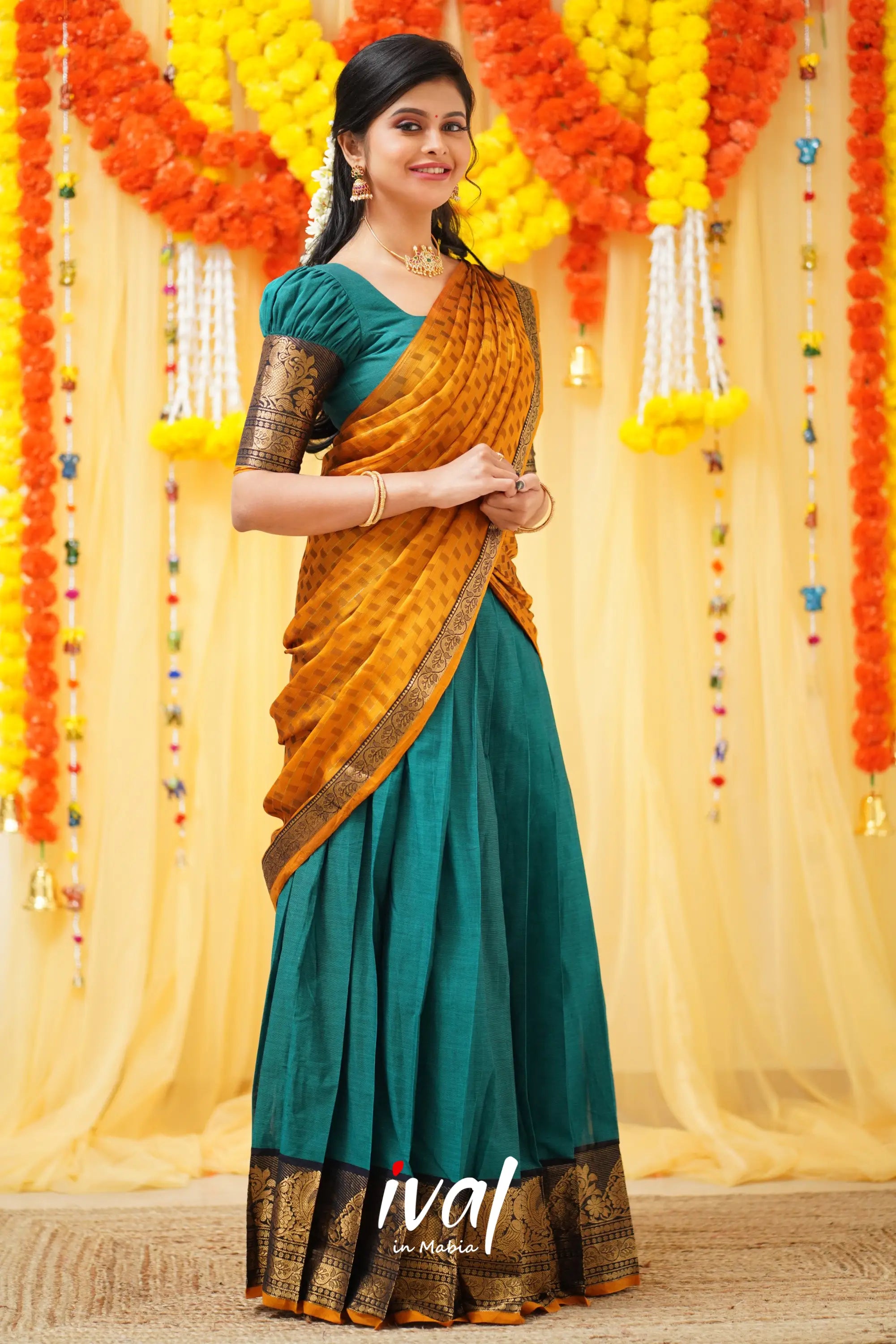 Padmaja - Teal Blue And Mustard Cotton Halfsaree Half Sarees