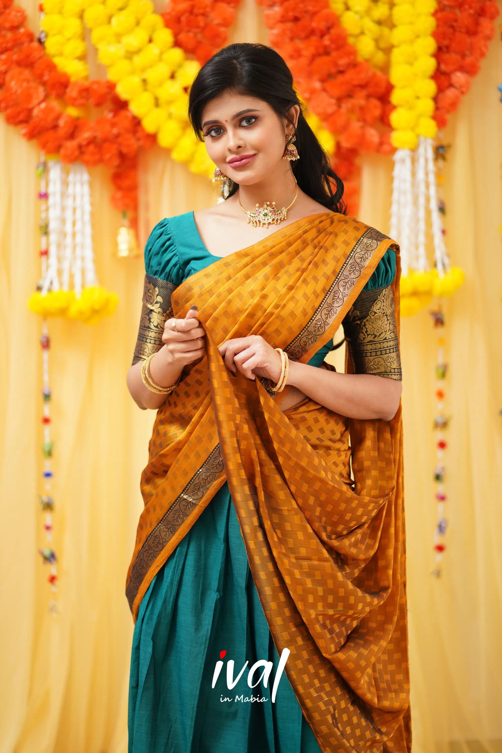 Padmaja - Teal Blue And Mustard Cotton Halfsaree Half Sarees