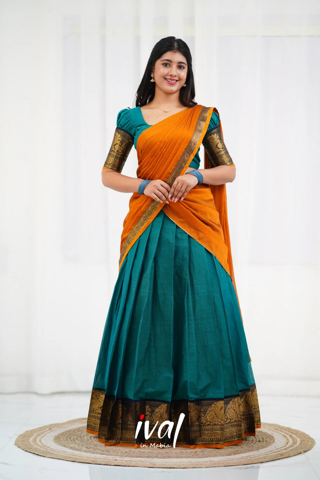 Padmaja - Teal Blue And Mustard Cotton Halfsaree Half Sarees