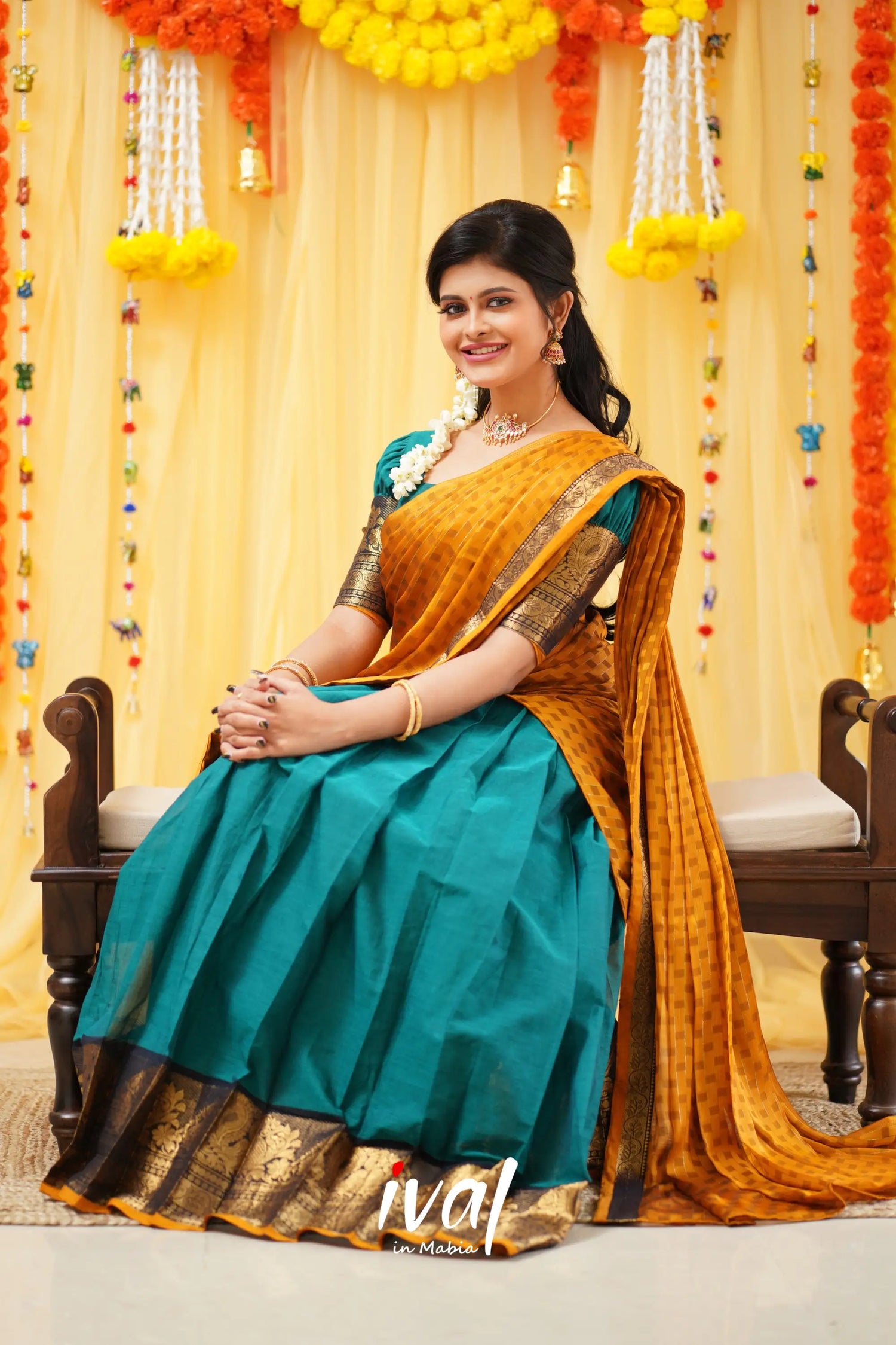 Padmaja - Teal Blue And Mustard Cotton Halfsaree Half Sarees