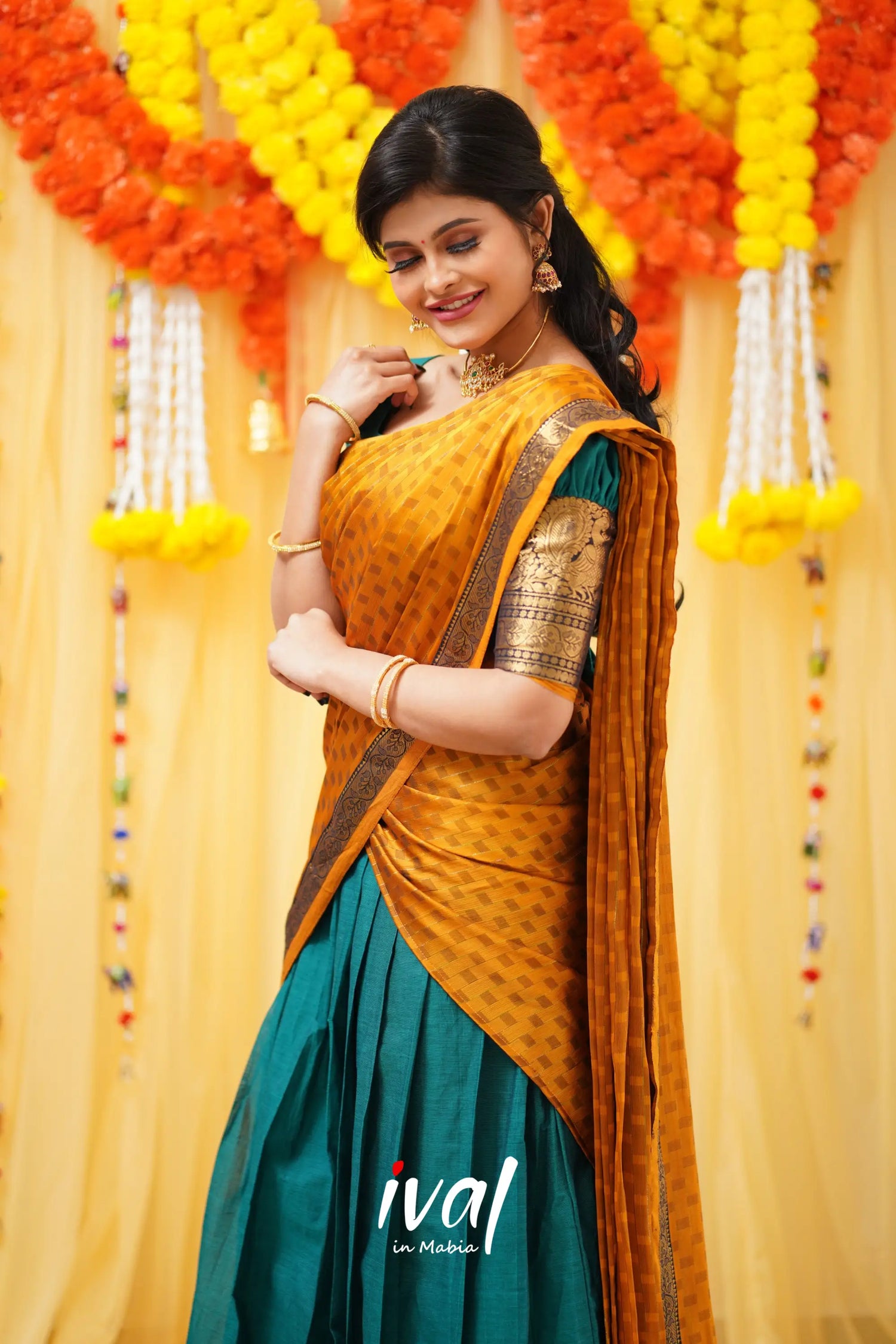 Padmaja - Teal Blue And Mustard Cotton Halfsaree Half Sarees