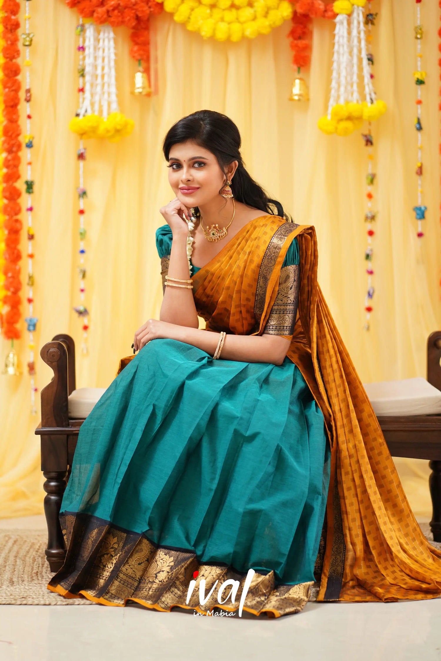 Padmaja - Teal Blue And Mustard Cotton Halfsaree Half Sarees