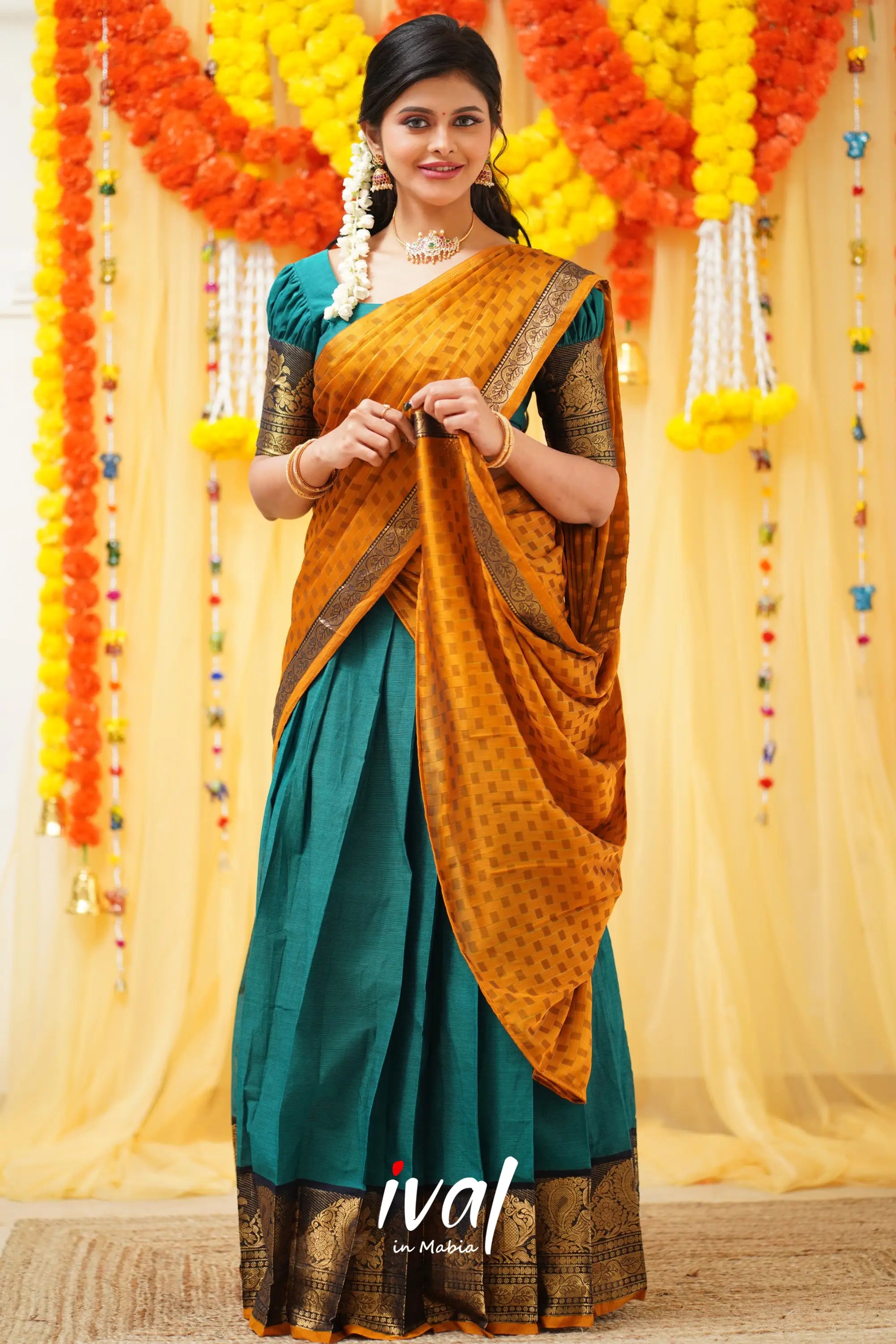 Padmaja - Teal Blue And Mustard Cotton Halfsaree Half Sarees