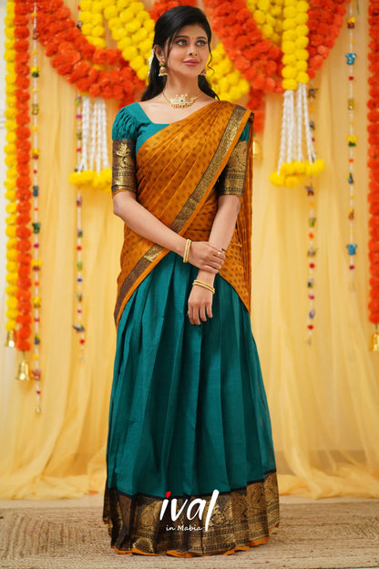 Padmaja - Teal Blue And Mustard Cotton Halfsaree Half Sarees