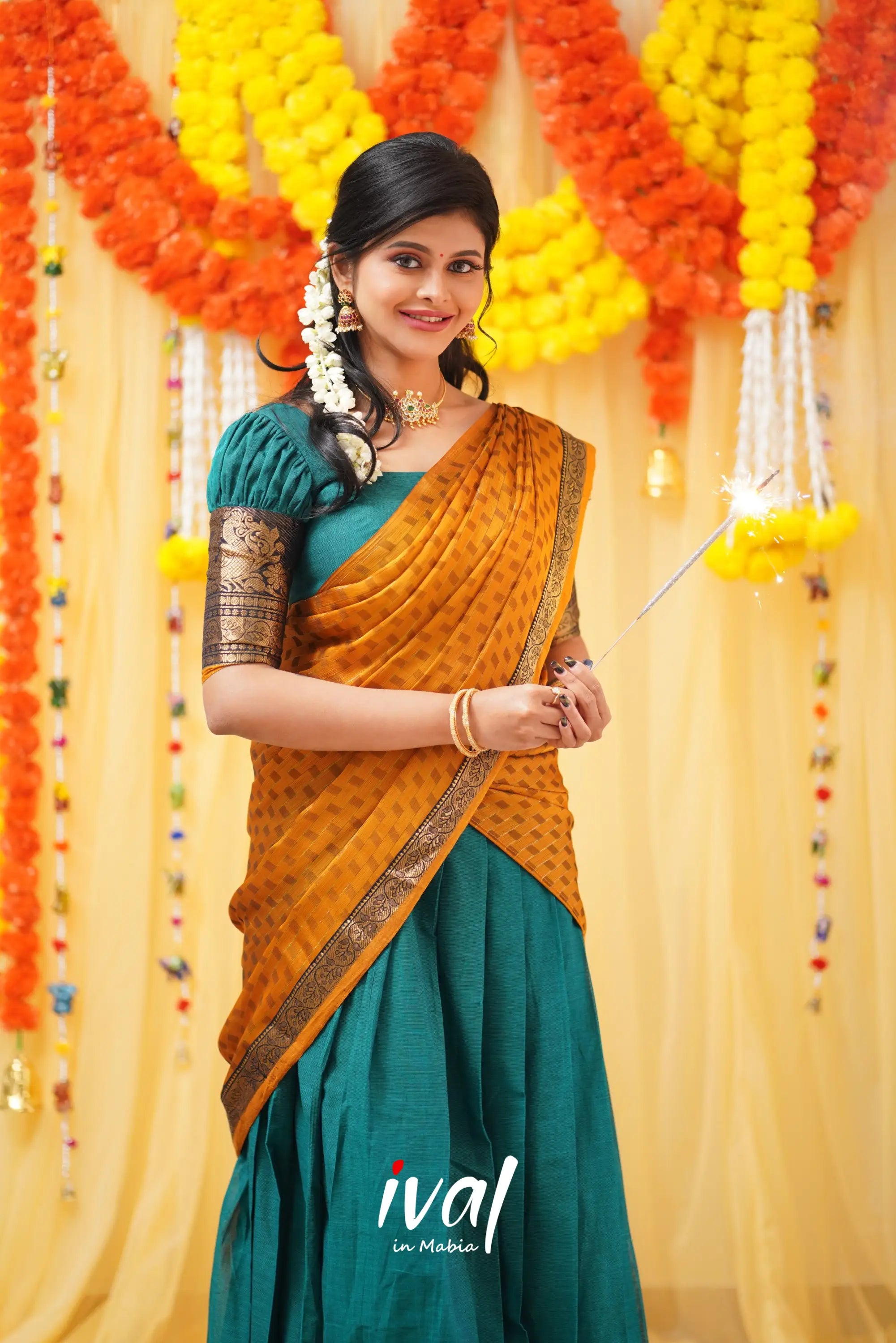 Padmaja - Teal Blue And Mustard Cotton Halfsaree Half Sarees