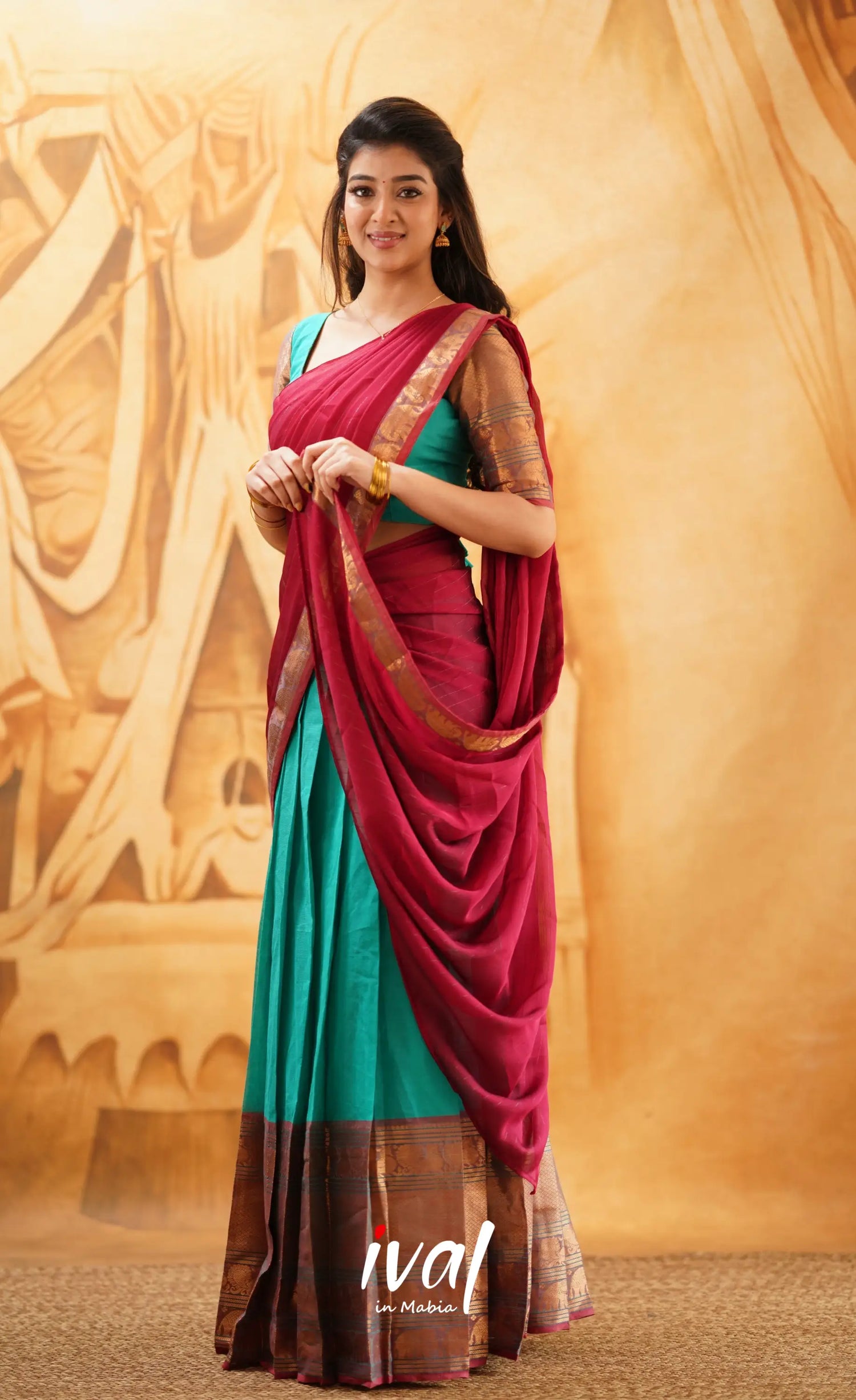 Padmaja- Teal Blue And Red Cotton Halfsaree Half Sarees