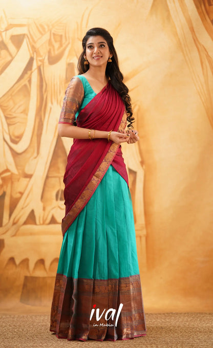 Padmaja- Teal Blue And Red Cotton Halfsaree Half Sarees