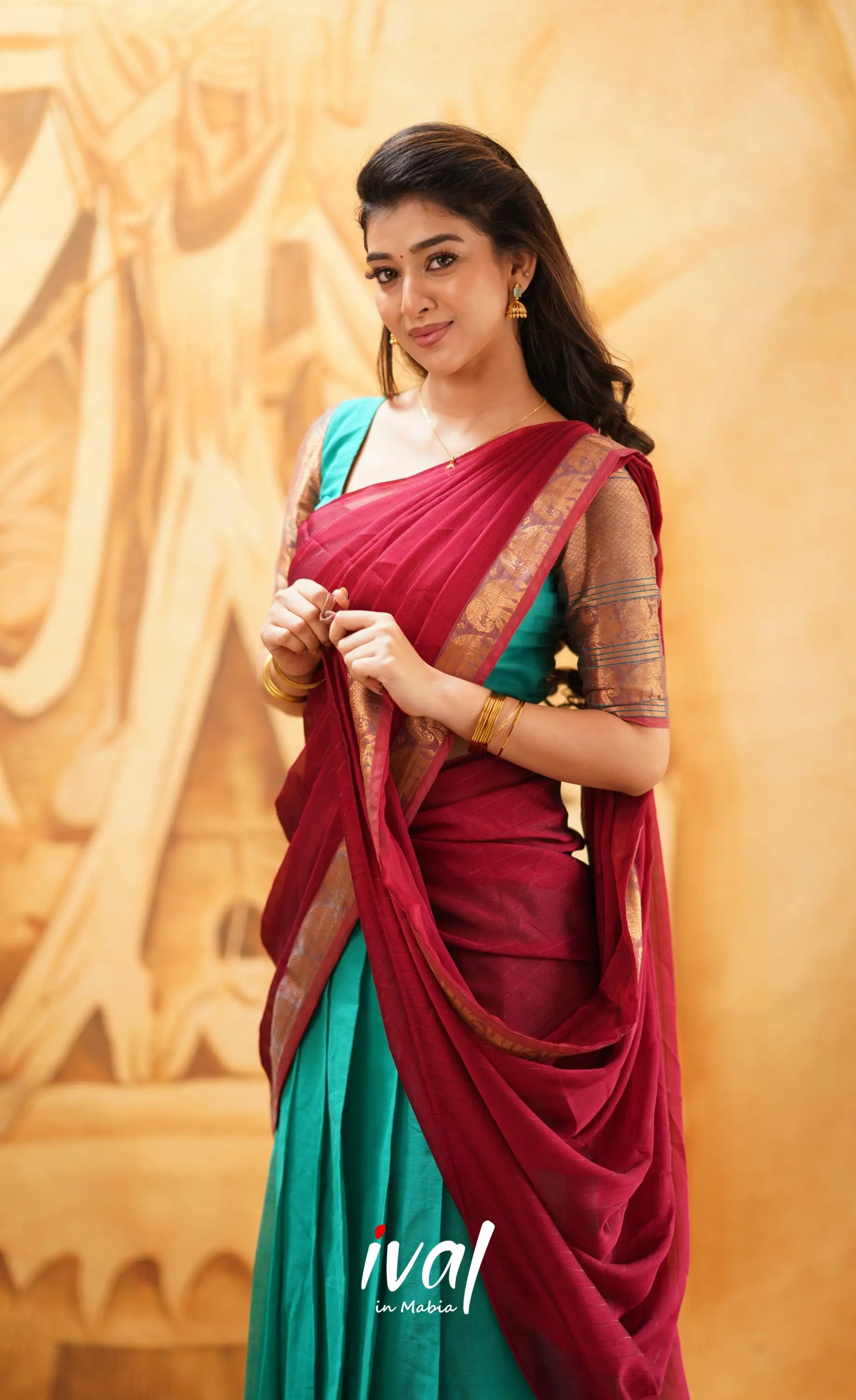 Padmaja- Teal Blue And Red Cotton Halfsaree Half Sarees