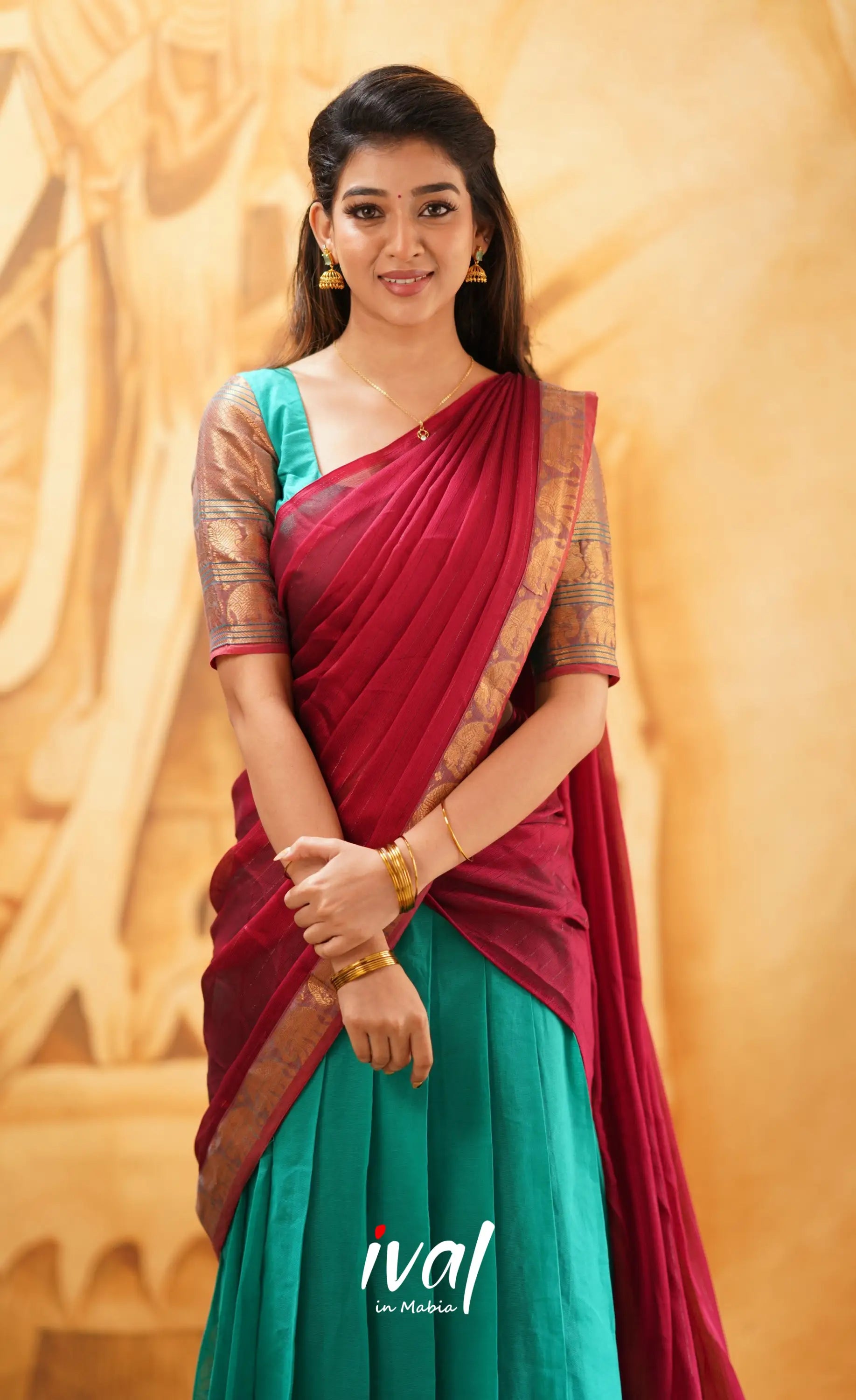 Padmaja- Teal Blue And Red Cotton Halfsaree Half Sarees