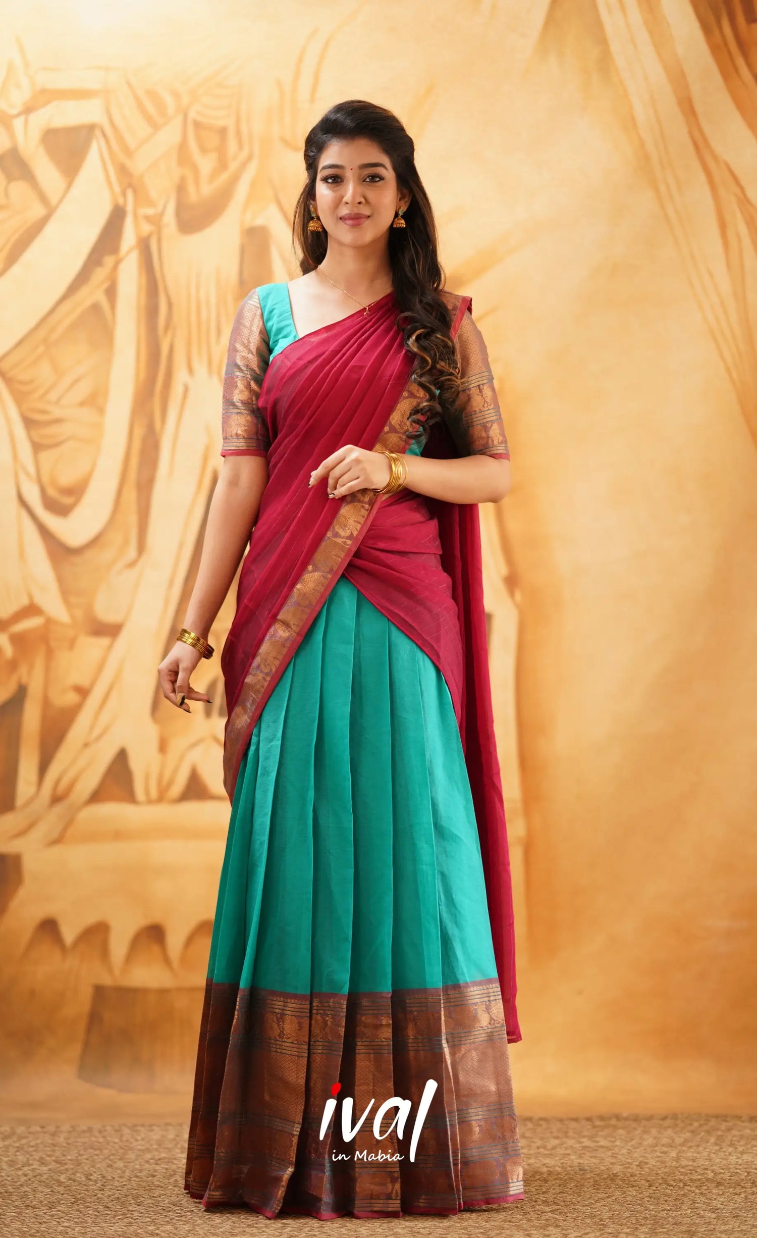 Padmaja- Teal Blue And Red Cotton Halfsaree Half Sarees