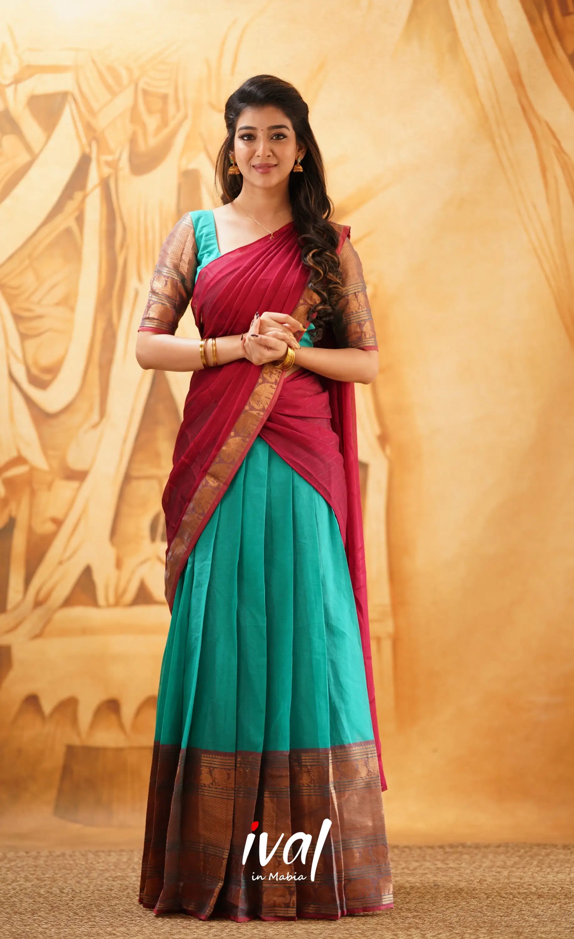 Padmaja- Teal Blue And Red Cotton Halfsaree Half Sarees