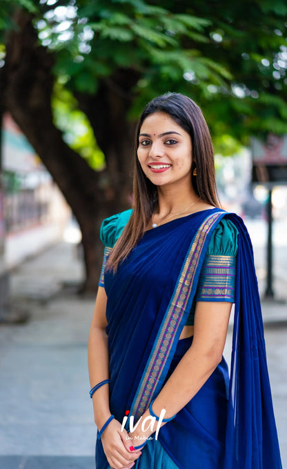 Padmaja - Teal Blue Shade And Navy Tone Cotton Halfsaree Half Sarees