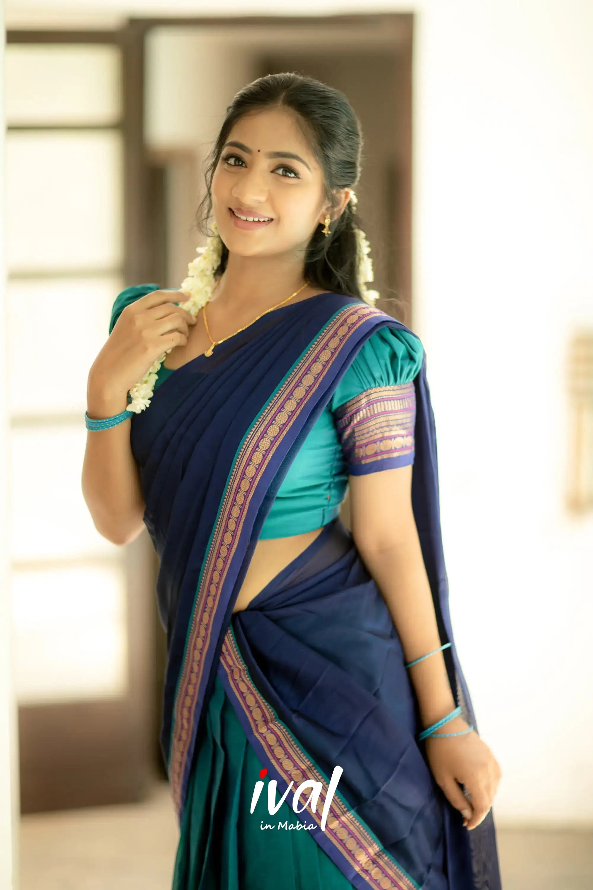 Padmaja - Navy Blue And Teal Cotton Halfsaree Half Sarees