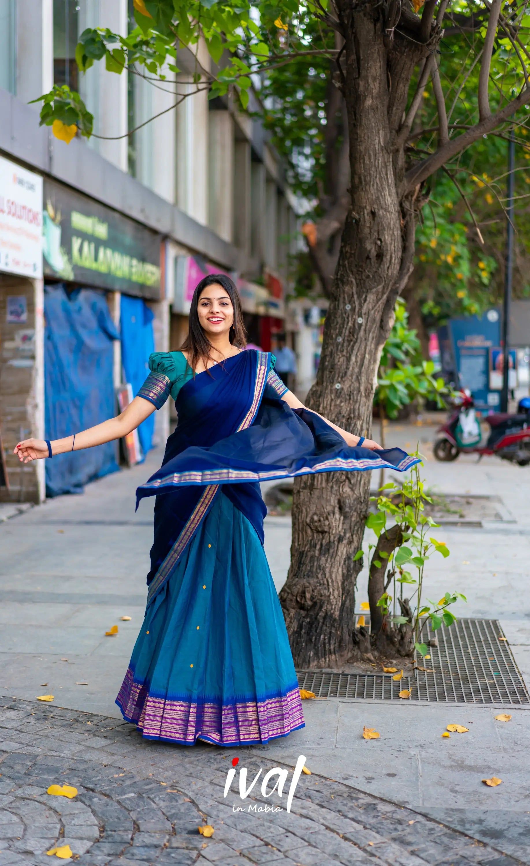 Padmaja - Teal Blue Shade And Navy Tone Cotton Halfsaree Half Sarees