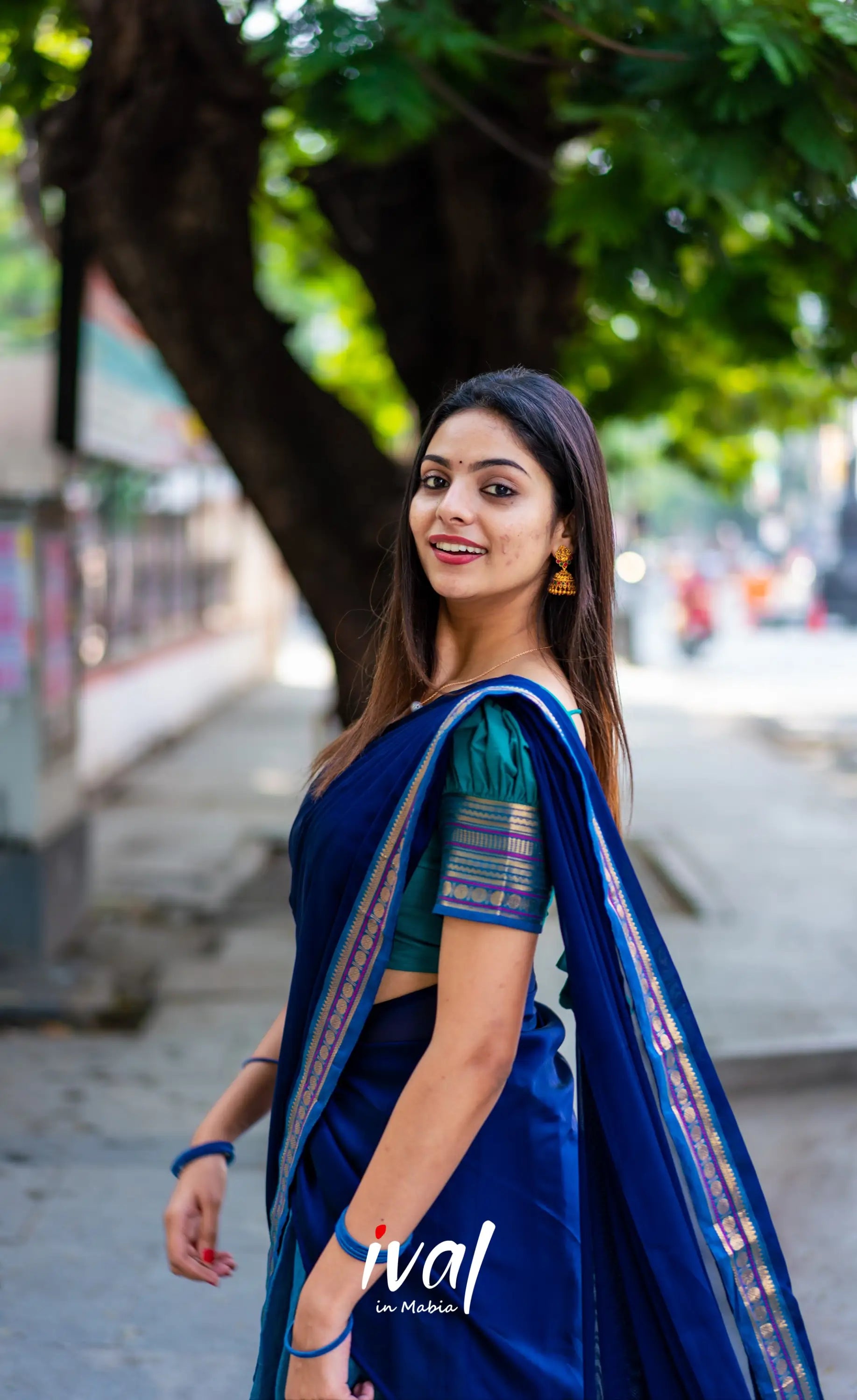 Padmaja - Teal Blue Shade And Navy Tone Cotton Halfsaree Half Sarees