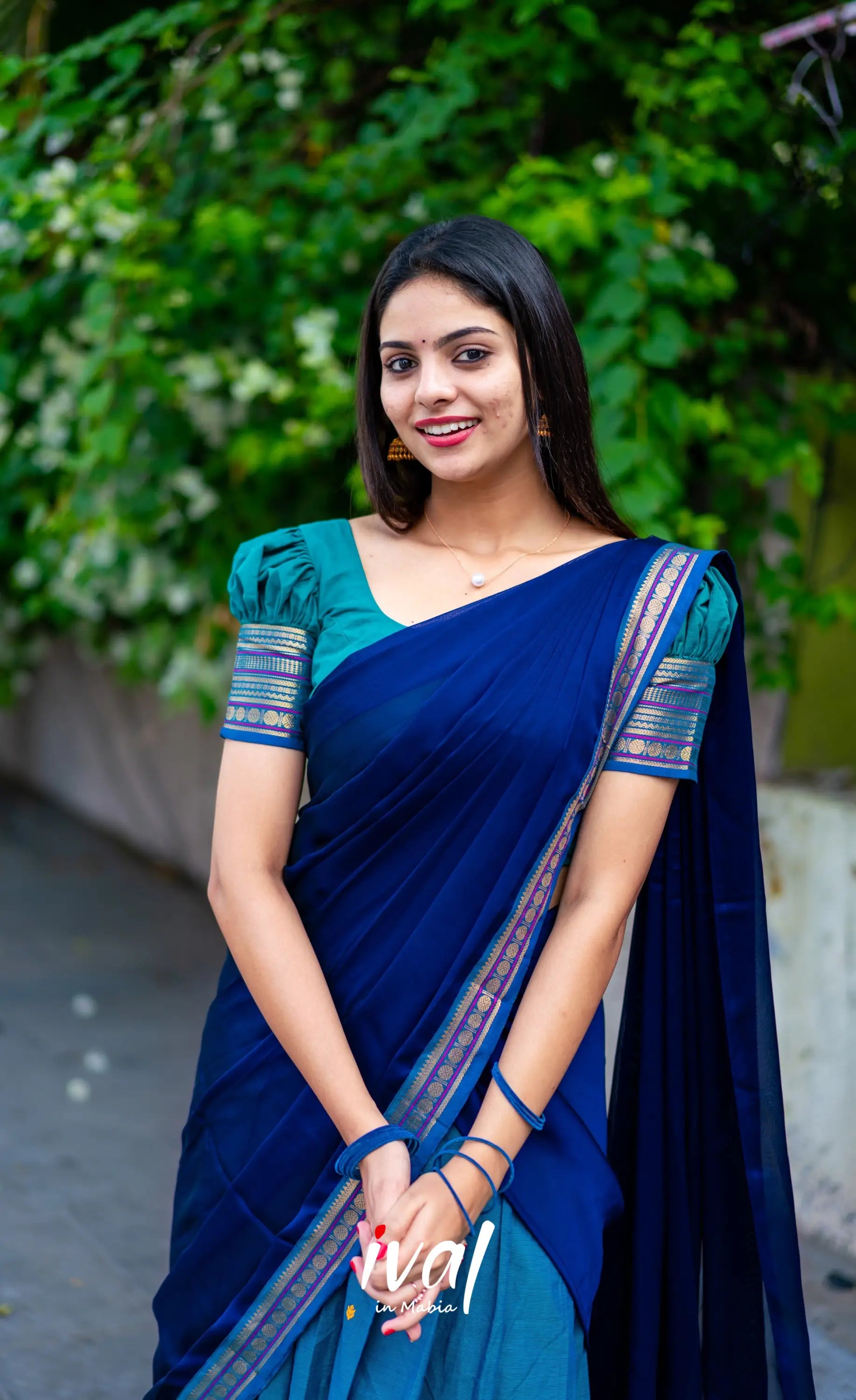 Padmaja - Teal Blue Shade And Navy Tone Cotton Halfsaree Half Sarees