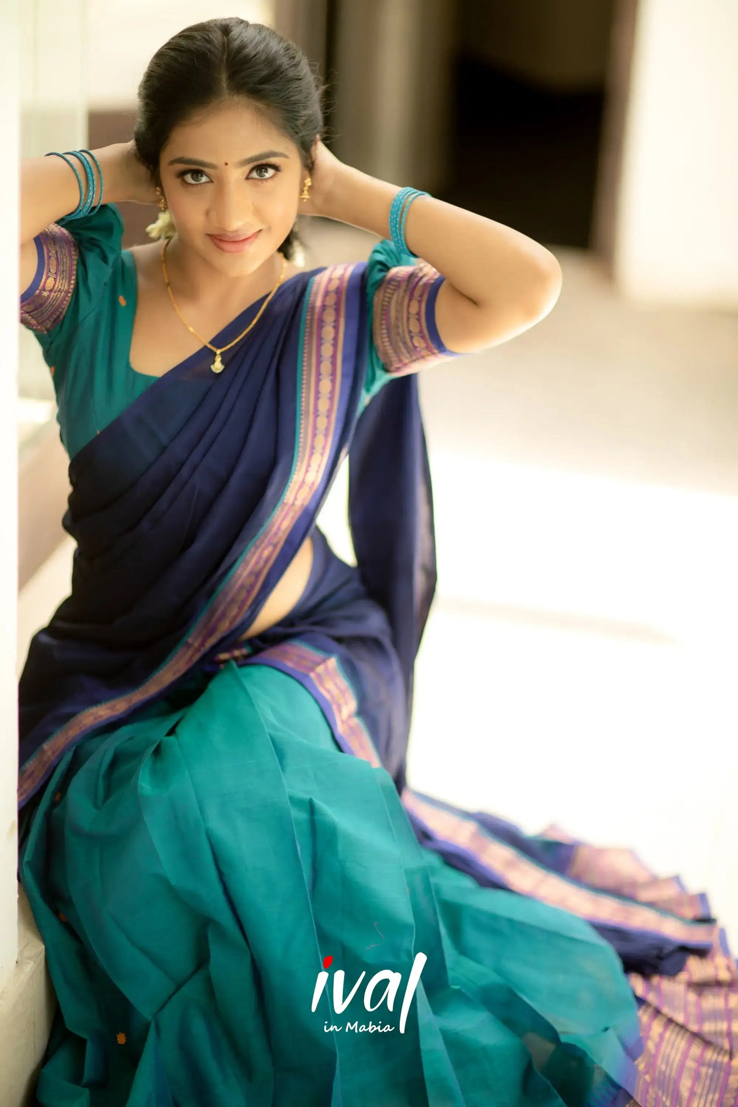 Padmaja - Navy Blue And Teal Cotton Halfsaree Half Sarees