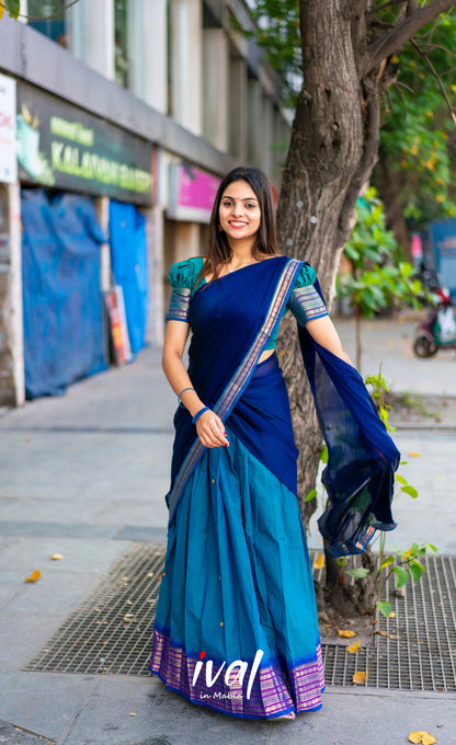 Padmaja - Teal Blue Shade And Navy Tone Cotton Halfsaree Half Sarees