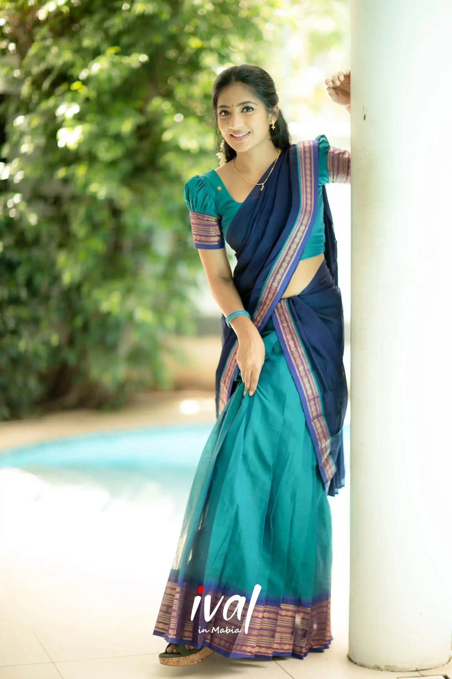 Padmaja - Navy Blue And Teal Cotton Halfsaree Half Sarees