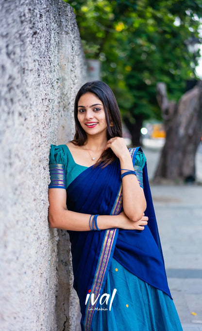 Padmaja - Teal Blue Shade And Navy Tone Cotton Halfsaree Half Sarees