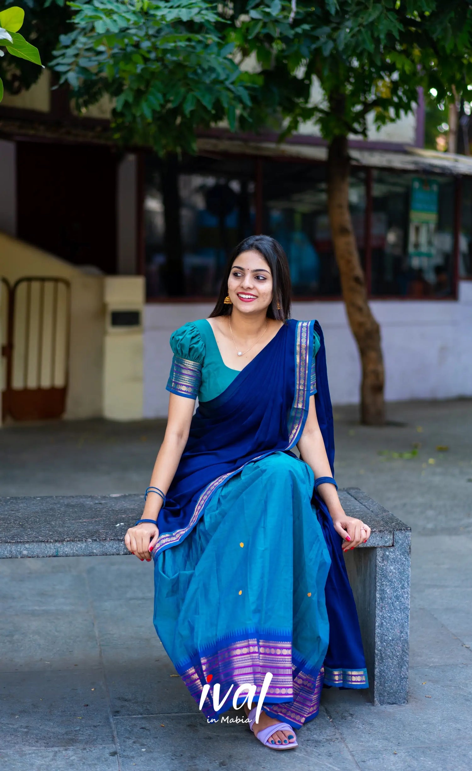 Padmaja - Teal Blue Shade And Navy Tone Cotton Halfsaree Half Sarees