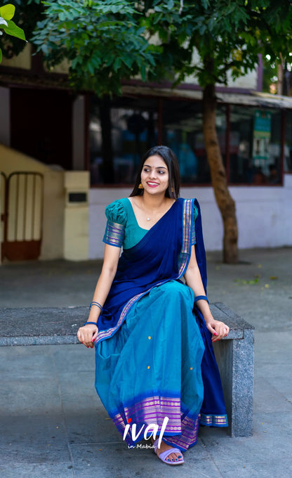 Padmaja - Teal Blue Shade And Navy Tone Cotton Halfsaree Half Sarees