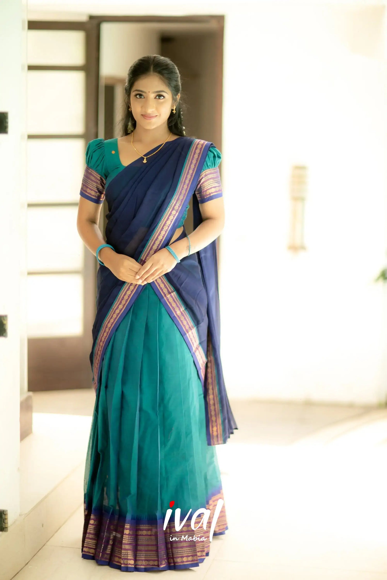 Padmaja - Navy Blue And Teal Cotton Halfsaree Half Sarees