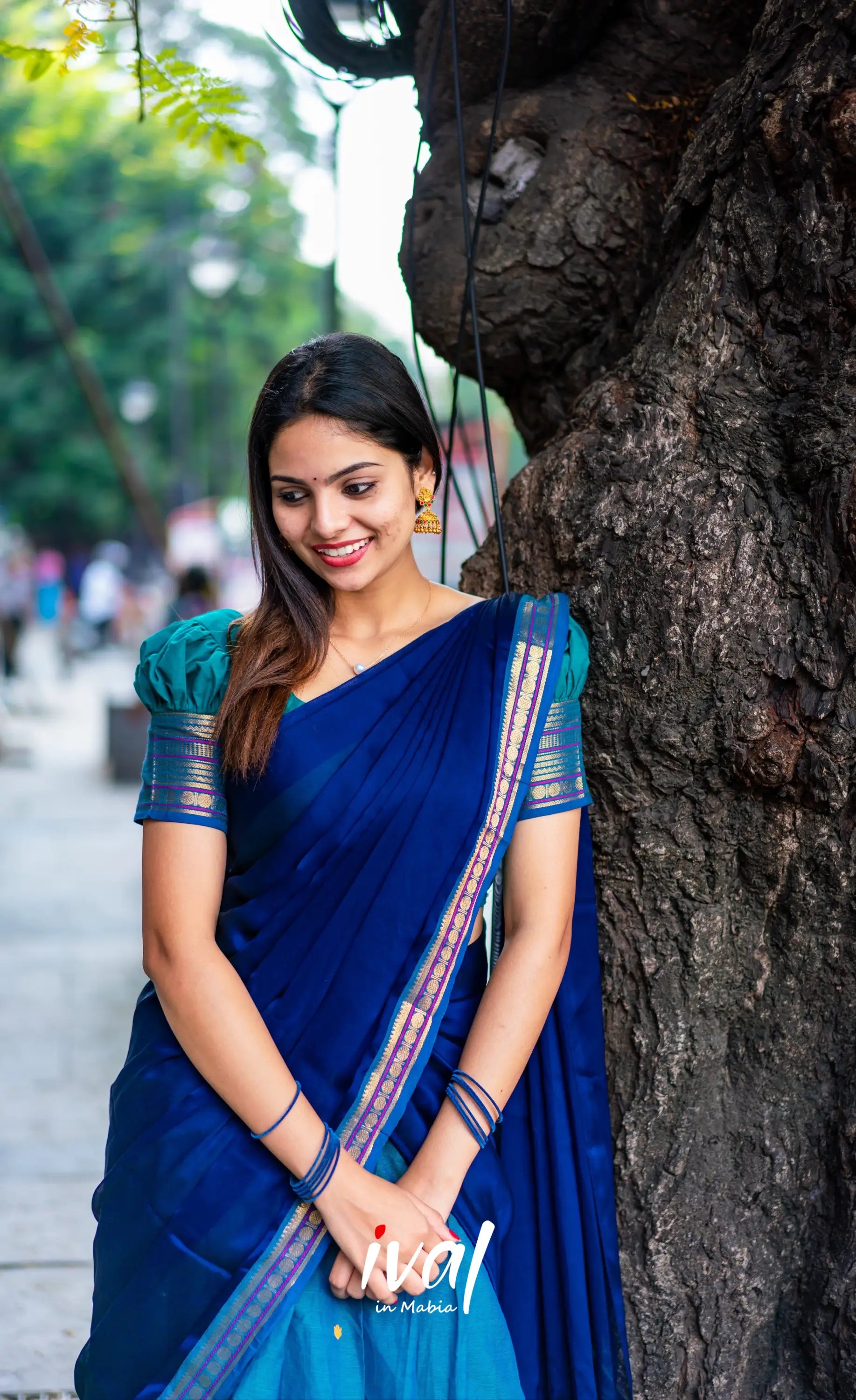 Padmaja - Teal Blue Shade And Navy Tone Cotton Halfsaree Half Sarees