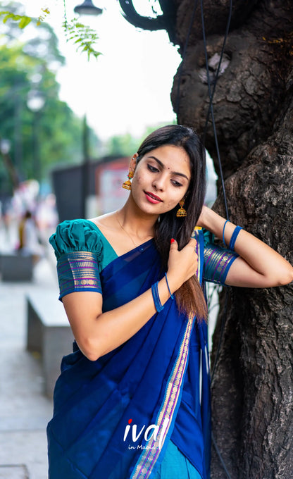 Padmaja - Teal Blue Shade And Navy Tone Cotton Halfsaree Half Sarees